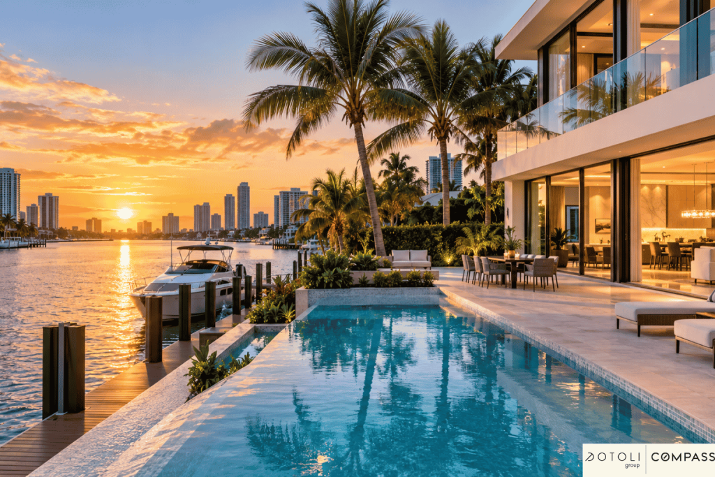 Luxury waterfront home in Fort Lauderdale, Florida, at sunset