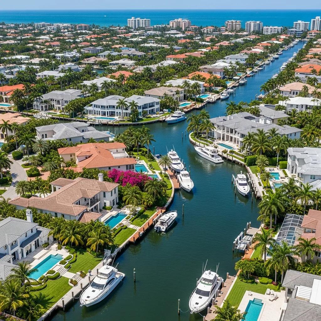 Luxury waterfront homes in Fort Lauderdale with boats and clear blue skies