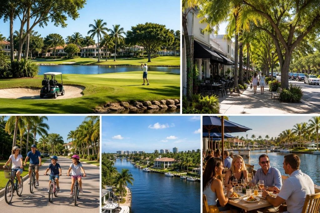 Daily life in Coral Ridge, featuring a country club golf course, waterfront dining, family biking, palm-lined streets, and scenic canal views in Fort Lauderdale.