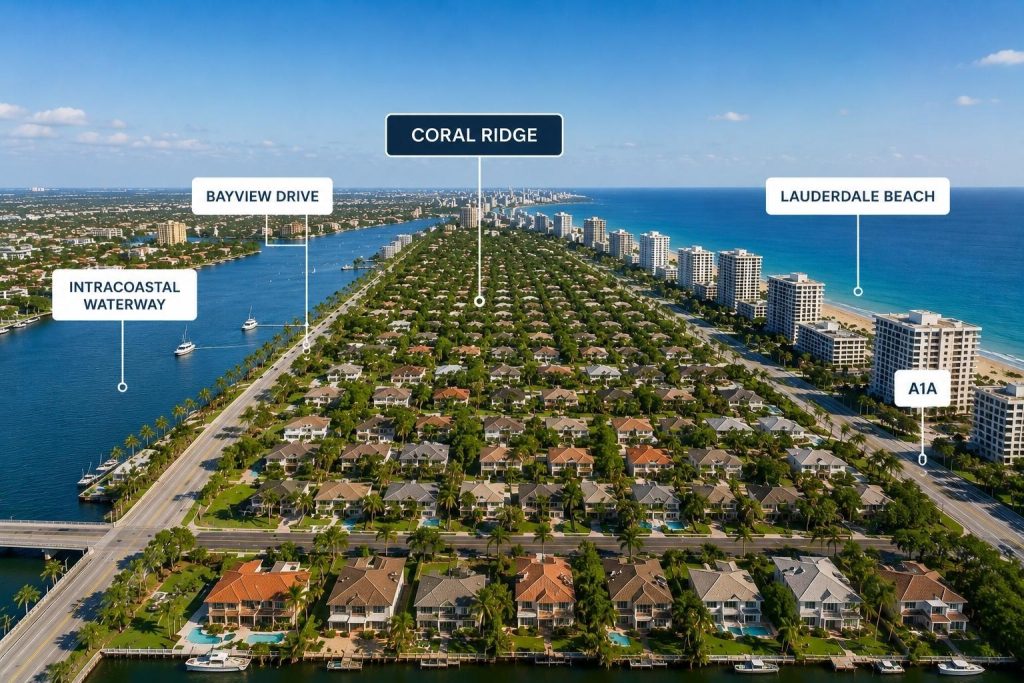 Aerial view of Coral Ridge in Fort Lauderdale, Florida, showing the neighborhood's location between the Intracoastal Waterway and Lauderdale Beach.