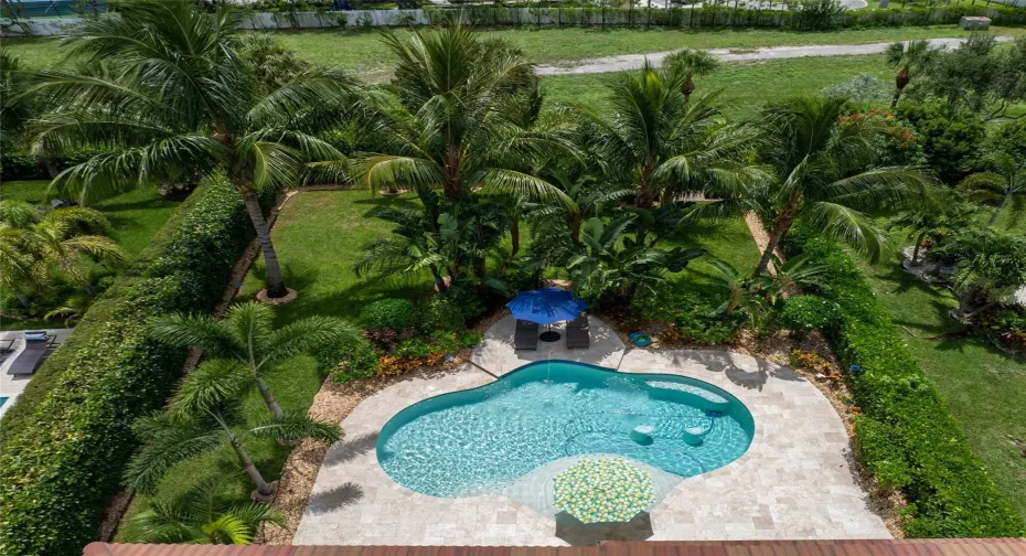 Custom pool with travertine deck, private fenced yard, lush tropical landscaping