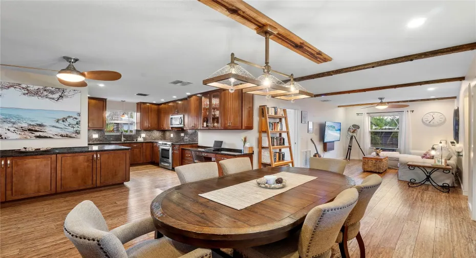 Open Concept Living with Wood Beams