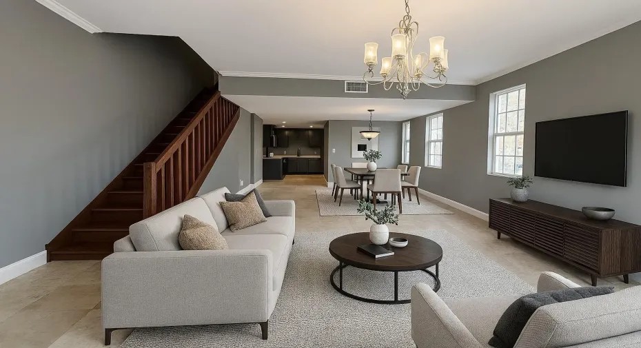 Spacious family room. Virtually staged.