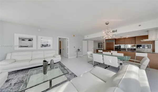 View of the living room, dining area, and kitchen
