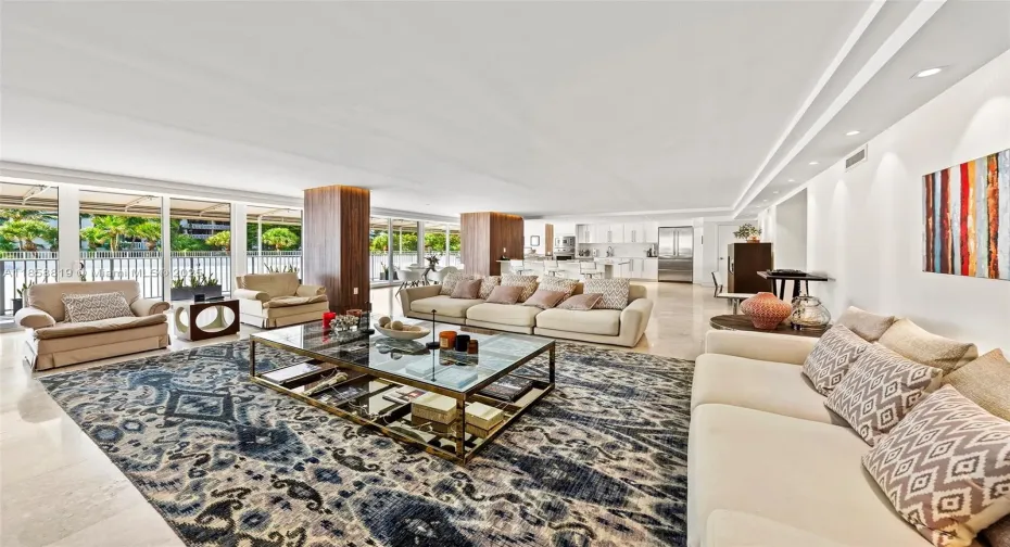 The reception area stands out for its exceptional scale and open layout, a rarity in Key Biscayne
