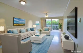 Large living room opens to private balcony. Virtual staging