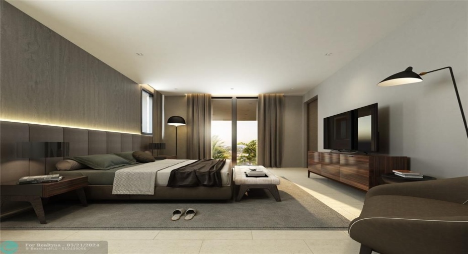 Rendering of the big primary bedroom on the second floor with floor to ceiling windows overlooking the covered patio.