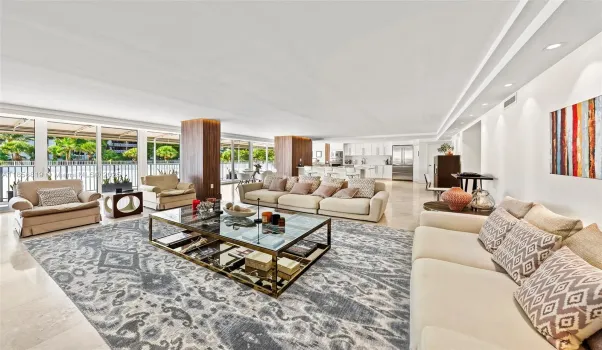 The reception area stands out for its exceptional scale and open layout, a rarity in Key Biscayne