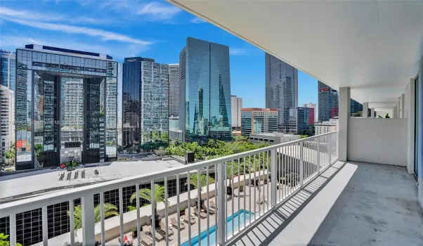 View from balcony of the pool and Brickell, with a a it of view of the Bay