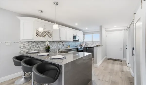 waterfall countertop and brunch counter, modern design appliances