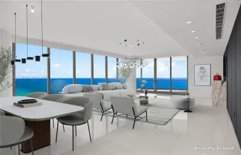 Virtual staging shows living and dining room