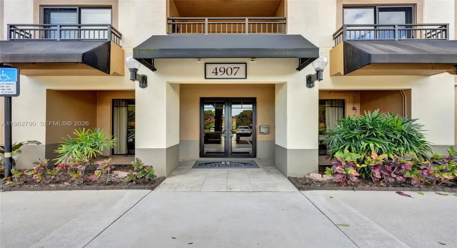 Building entry with call box to enter