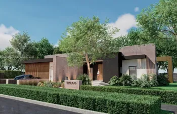Illustration of pool, covered lanai & Primary bedroom with direct access to lanai