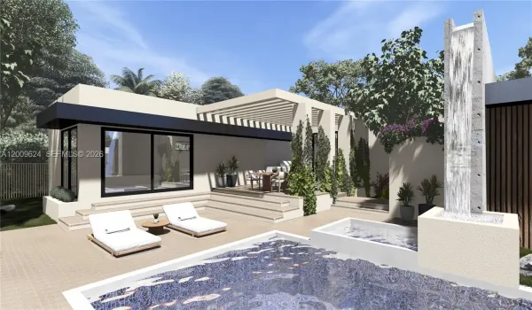 Illustration of pool, covered lanai & Primary bedroom with direct access to lanai