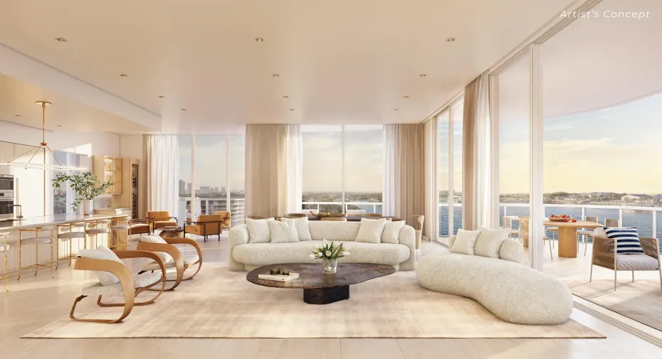 Great Room with floor-to-ceiling, triple-panel , impact glass doors and windows.