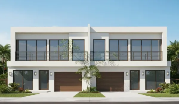 (as of April 8, 2026) Front elevation facing East. Beautifully landscaped. Modern with warm tones and dimension.