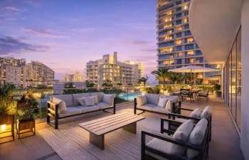 This is an AI enhanced photo showing the rare oversized terrace at twillight.