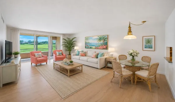 Virtually staged/updated living room and dining area
