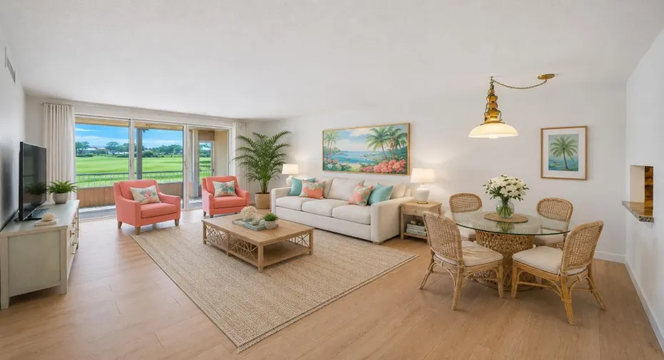 Virtually staged/updated living room and dining area