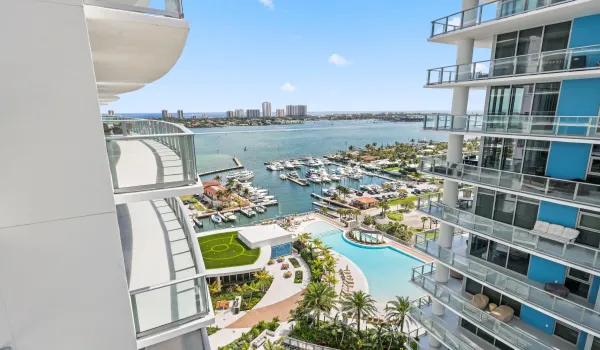 primary suite terrace south-east view overlooking 6th level pool area, marina and intracoastal