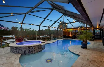 Newly resurfaced pool & spa; Stunning travertine tile pool deck