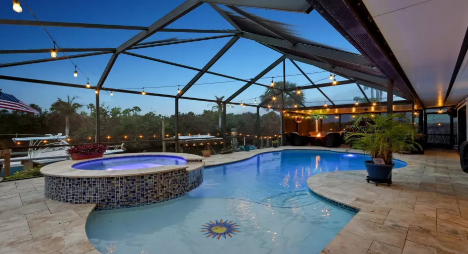 Newly resurfaced pool & spa; Stunning travertine tile pool deck