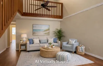 Coastal living room with staircase