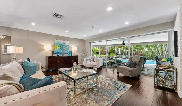 Family room with pool views