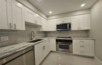 quartzite countertop with spotlights