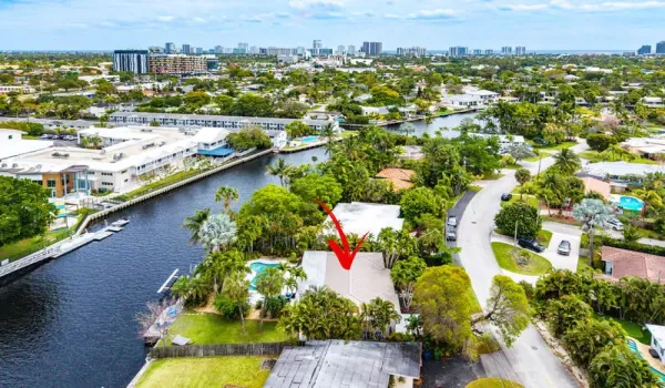 Aerial view waterfront lot with Fort Lauderdale Beach in the background