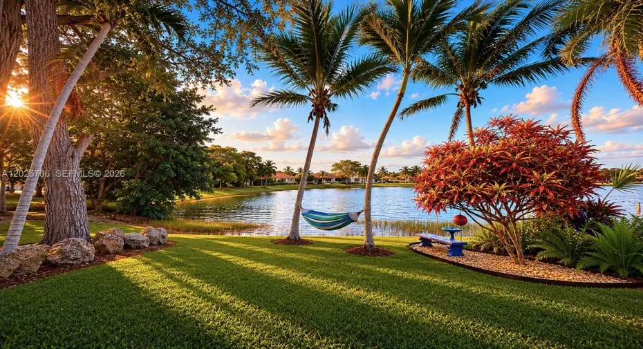 Yard with view of lake