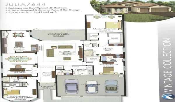 3 Bedrooms plus Den/Optional 4th Bedroom, 3 .5 Baths, Screened Patio, 3-Car Garage