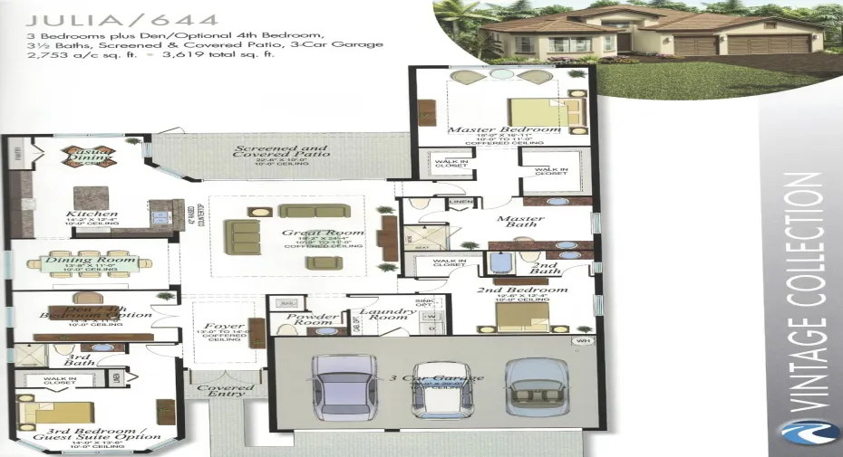 3 Bedrooms plus Den/Optional 4th Bedroom, 3 .5 Baths, Screened Patio, 3-Car Garage