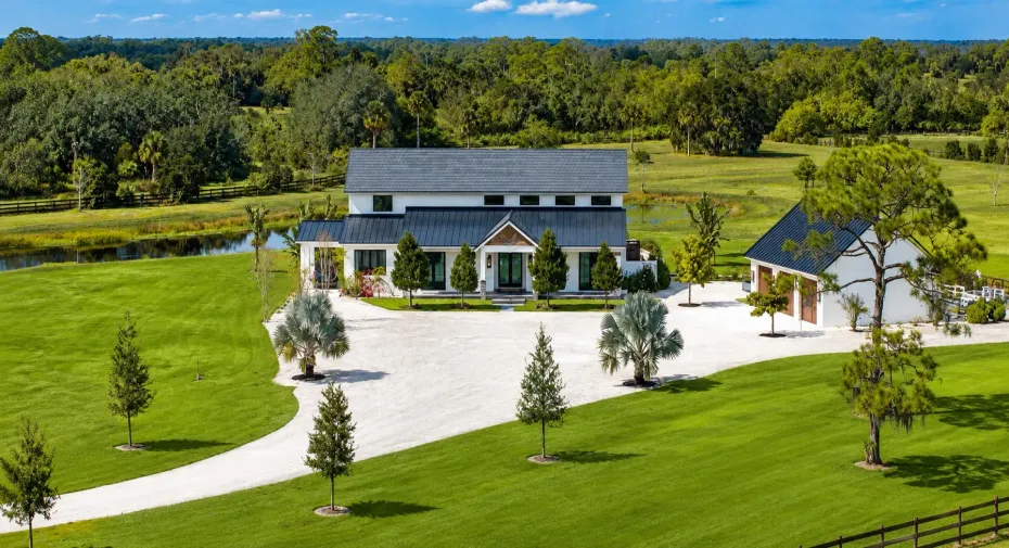Modern farmhouse in peaceful countryside
