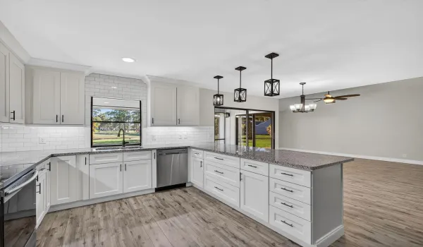 Kitchen opens to great room.
