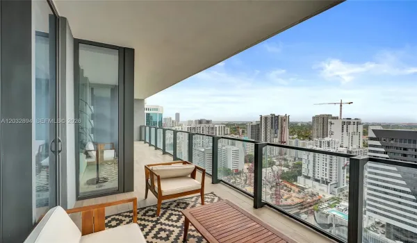 Private balcony with open city views from Rise at Brickell City Centre.