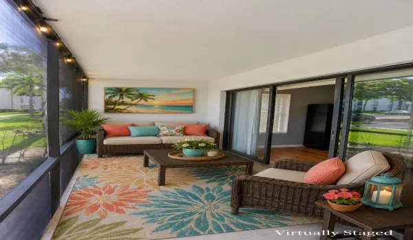 Virtual image. Summer porch off the living room. This looks North and is shaded during the day.