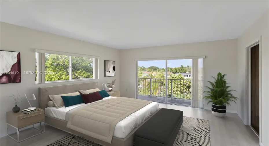 Master bedroom with balcony facing back yard