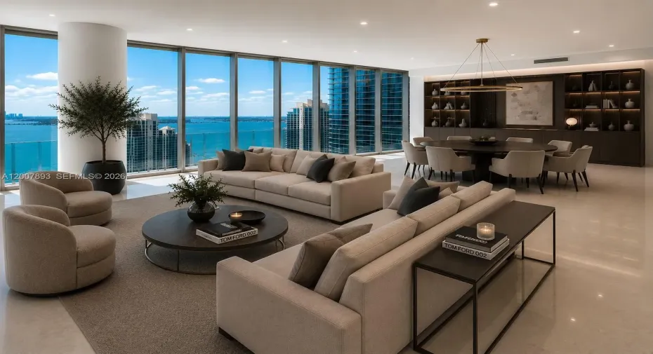 Virtually staged with AI, this expansive waterfront living and dining area showcases the extraordinary scale and design potential of the residence.
