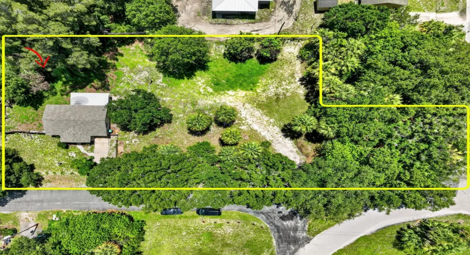 Aerial perspective showcasing a parcel with established trees and a residential structure