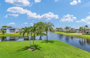 Lush green landscaping frames a tranquil water feature with mature palm trees