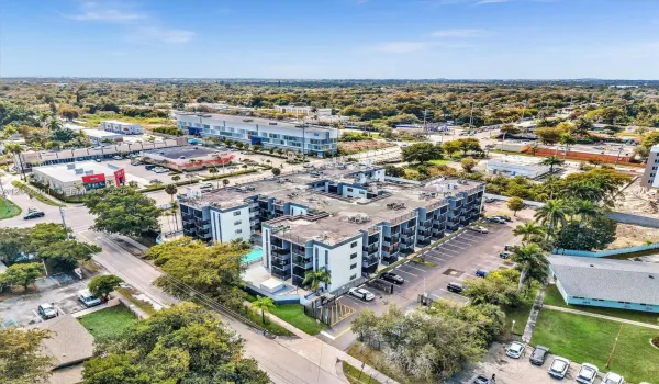 Aerial view of building and surrounding area