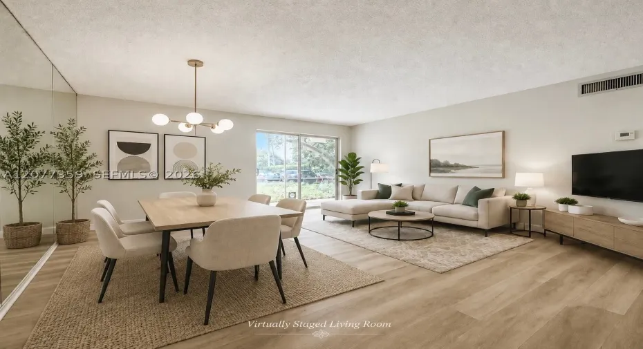 Virtually staged living and dining area
