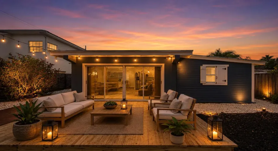Expansive wood deck with string lights, sliding glass doors, white gravel landscaping, and a detached structure with a white shuttered window
