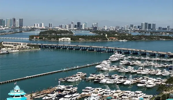 View from Master Bedroom of Miami Beach Marina and Fisher Island.