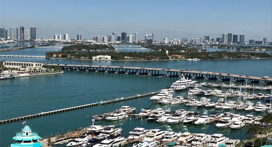 View from Master Bedroom of Miami Beach Marina and Fisher Island.