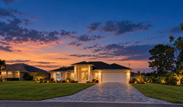 Warmly lit home at blue hour