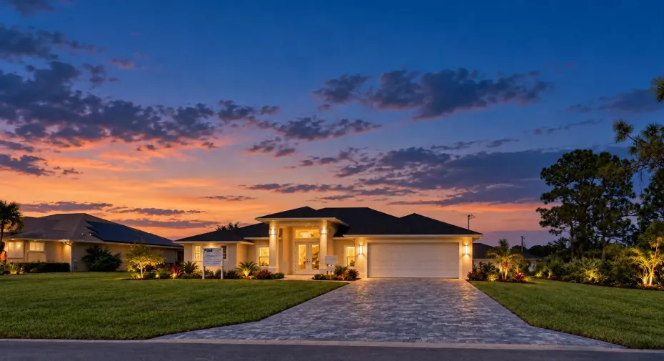 Warmly lit home at blue hour