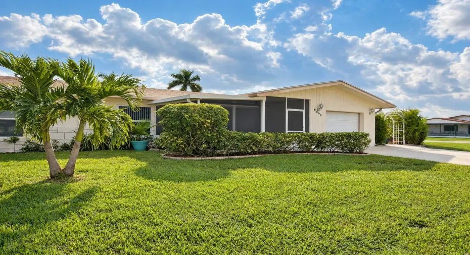 Sunlit home with palms and lawn
