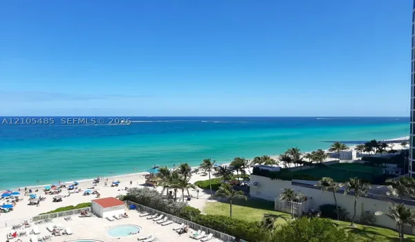 Expansive oceanfront setting featuring a sandy beach, clear blue water, and palm trees